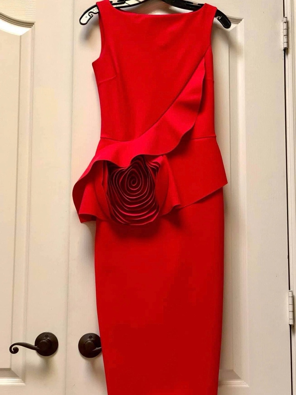 Chiara Boni Red Midi Dress with Sculpted Floral Peplum